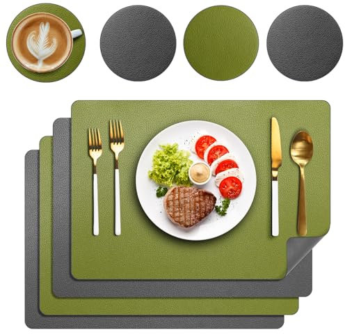 Platzsets Abwaschbar 4er Set, Tischsets Lederoptik Platzdeckchen Abwischbar Doppelseitiges Platzset mit Untersetzer für Küche, Haus, Restaurant, 43x30cm (Grün)