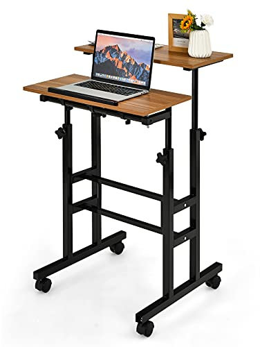 COSTWAY Height Adjustable Standing Desk, Mobile Laptop Table Computer Desk with Flip-over Desktop and Wheels, 2-Tier Laptop Cart Sit Stand Desk Writing Workstation for Home Office (Walnut+Black)