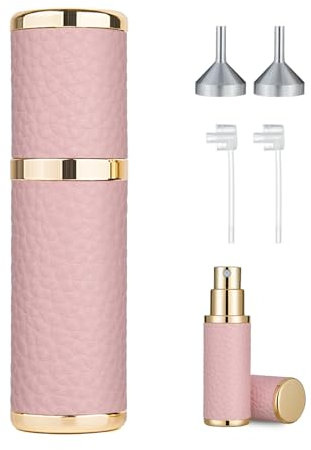 Sinyutia Mini botella de perfume recargable portátil, 5 ml, material de cuero, atomizador de viaje, dispensador de colonia recargable de niebla fina, con embudo y herramienta difusora de perfume para