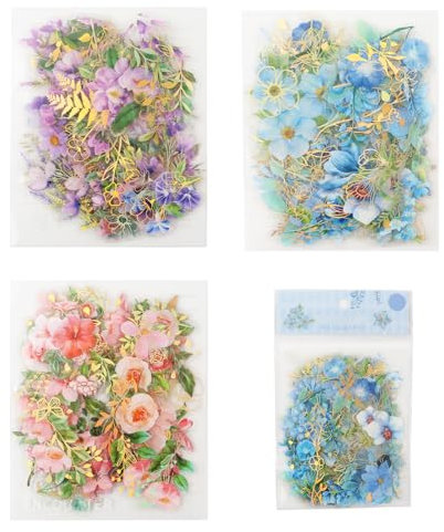 MisFun 120 Stücke Blumen Sticker Transparente Selbstklebende Scrapbooking Aufkleber PET Blumen Aufkleber Flower Stickers Blumenaufkleber für DIY Notizbuch Skizzenbuch Fotoalbum