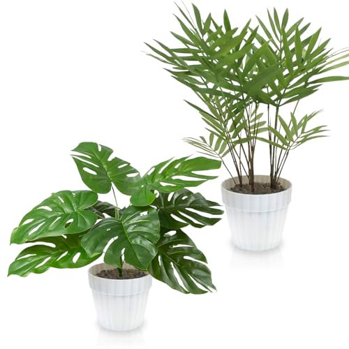 INSANYJ 2 Pièces Plantes Artificielles Interieur Exterieur, avec Pots en Céramique Blanche, Fausse Plantes d'Intérieur Exterieur à Plantes Artificielles Deco, Decoration Bureau Decoration Maison