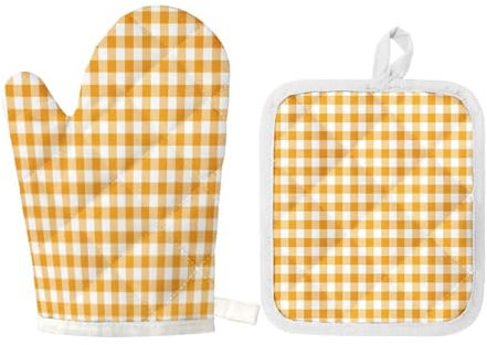 Mrcrypos Set di 2 presine da forno e presina a quadretti gialli, motivo a quadretti, accessori da cucina, resistenti al calore, per chef, cottura, grigliate, barbecue