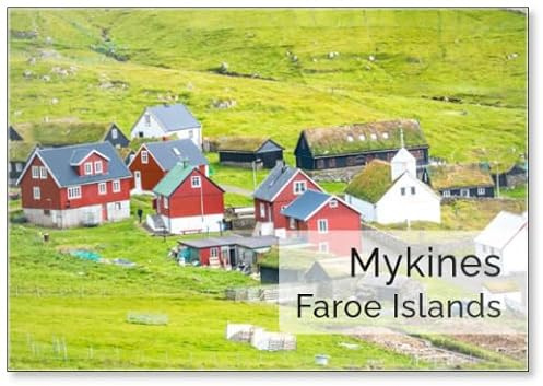 Mykines, Faroe Islands. Panoramic View of Mykines Island Village, Bird Watching Destination for Puffins. Traditional Houses with Turf Roofs, Fridge Magnet