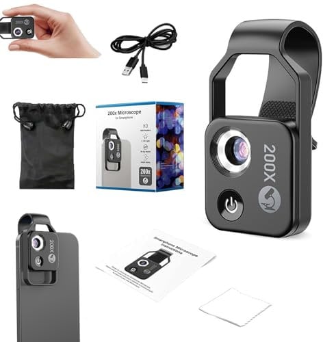 1 Stück Handy Mikroskop für Smartphone Nano Zoom x200 für Handy Mini zum Erkunden200x Mini-Mikroskop für Smartphone-Kamera Nano Zoom(Schwarz Mit CPL)