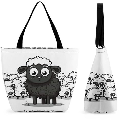 NTVOWPZO Tragetasche für Damen, lässige Umhängetasche, Cartoon, schwarz-weiß, Schaf-Handtasche, wiederverwendbare Einkaufstasche, Einkaufstasche, Stil, Einheitsgröße