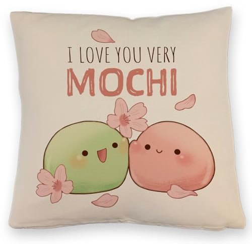 speecheese Mochi Paar Kissen mit Leinenoptik mit Spruch I Love You Very Mochi Kawaii Manga Japanisches Design Kirschblüte Sakura für alle Liebenden