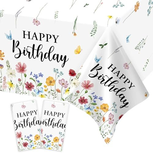 Heboland 2 Stück Tischdecke Geburtstag, Blumen deko Geburtstag Tischdecke Mädchen Frauen, 137 * 274CM weiße Geburtstagstischdecken für Geburtstagsdeko