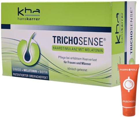 Hans Karrer Trichosense Lösung, 30x 3 ml I Pflege bei erhöhtem Haarverlust für Frauen und Männer I Haarausfall I dünnes Haar I gesunde Haare I Melatonin I Biotin I Spar-Set plus Pharma Perle (1x)