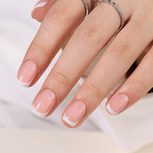 Press On Nails Short Square French Tip False Nails With Glue, 30Pcs Thicken Soft Gel Base Stick On Nails in 15 Sizes, Reusable Glue On Fake Nails for Women (French Short Square)