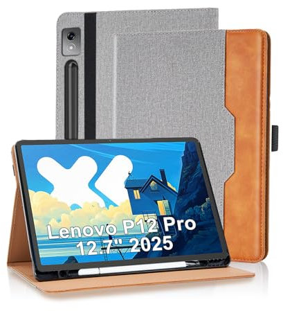 Vkooer Coque pour Lenovo Tab P12 Pro 2025/ Xiaoxin Pad Pro 12,7 Pouces 2025 Housse Cuir PU [Réveil/Veille Automatique] Etui de Protection avec Support Fonction et Poche de Documents, Gris