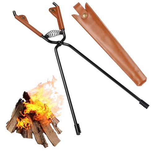 Les-Theresa - Pinza para chimenea, 4 x 44 cm, pinza para chimenea, segura y antigrietas, pinza para chimenea larga con mango de piel, para chimenea, estufa de exterior, fogata y camping grill