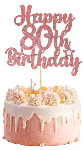 80th Birthday Cake Topper, 1 Pcs Glitter Rose Gold Happy Birthday Cake Topper 80 Years Old Birthday Cake Pick for 80th Birthday Decorations Celebrating Anniversary Party Supplies
