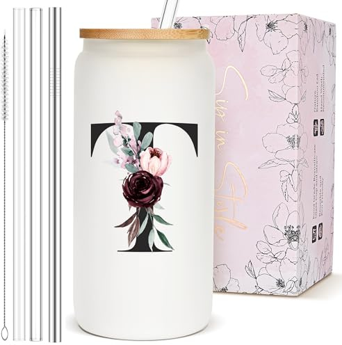 Personalized Customized Gifts for Women, Cute Glass Cups with Lids and Straws, Monogram Initial Drinking Iced Coffee Cup Custom Letter Tumbler Mug, Manager Workers Godmother Assistants Nurse Gifts, T