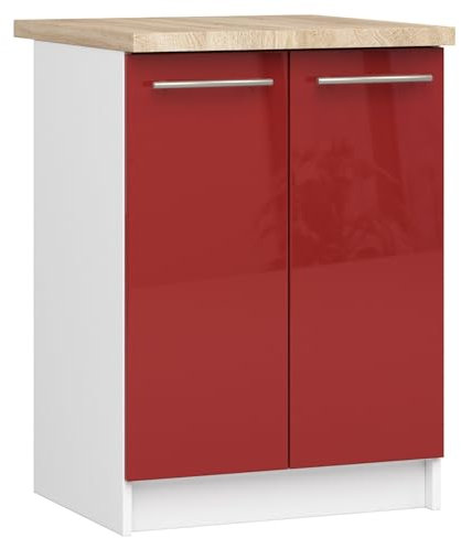 AKORD | Küchenschrank mit Arbeitsplatte - Oliwia S60 | Küchenunterschrank mit 2 Türen und 2 Einlegeböden | Unterschrank Küche 60 cm Breit | ABS-Kante 18 mm | 46 x 60 x 85 cm | Weiß & Rot Glanz