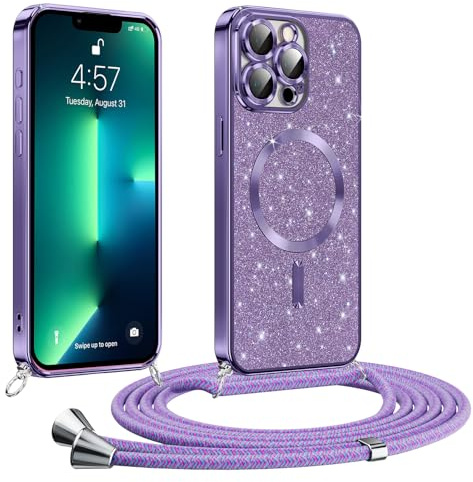Phoona handyband Hülle für iPhone 13 Pro Max mit Band, Glitzer Handyhülle Kompatibel mit MagSafe, Ganzkörperschutz Kratzfeste Stossfest Schutzhülle mit Einstellbar Kette, Lila