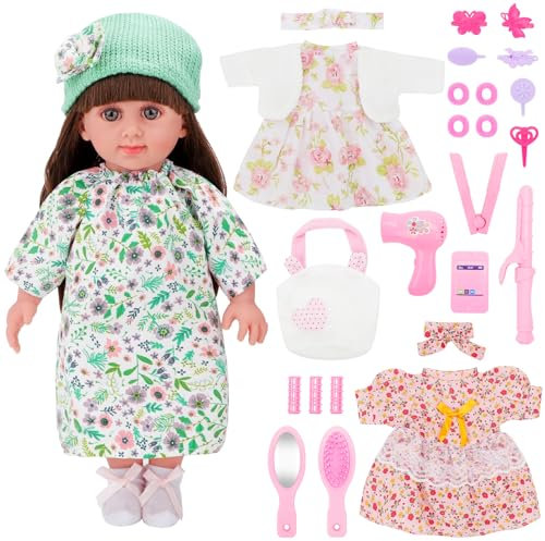 deAO Baby Puppen Sister 36CM, Puppe mit Langen Haaren, Babypuppen-Spielset mit 3 Sets Puppenkleidung, Kammzubehör, Haarband und Handtasche, Puppe Spiel Set, Geburtstagsgeschenke für Mädchen ab 3 Jahre