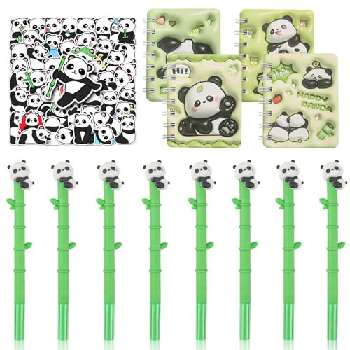 Panda Schreibwaren Set, 8Pcs Mini Notizbuch + 8Pcs Cartoon Panda Gelschreiber + 50Pcs Aufkleber für Kinder, Cartoon Spiralnotizbuch Gelschreiber Schwarze, Panda Schule Bürobedarf