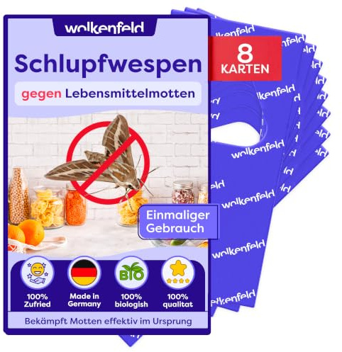 Wolkenfeld Schlupfwespen gegen Lebensmittelmotten – 8 Karten mit 1 Lieferung – Effektive & Chemiefreie Mottenbekämpfung – Natürliche Alternative zu Mottenfallen, Sprays & Pheromonfallen