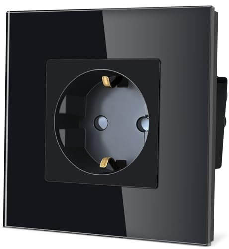 TAWOIA Schuko Steckdose, Einzel Wandsteckdose mit Kristall Glas Platte Steckdose unterputz Schwarz Glas 86 * 86mm