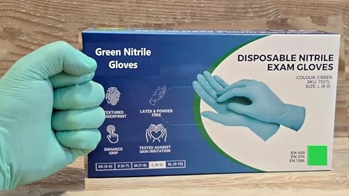 100 Disposable Green Nitrile Gloves– Latex & Powder Free – Healthcare, Food, Hair, Beauty, Lab, Pharmaceutical, Biotech, Cleaning, Mechanical, Emergency Services, Agriculture, Science, Home, Kitchen