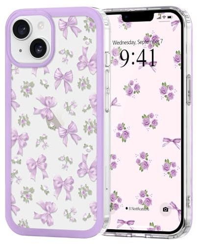 Urarssa Case for iPhone 14/iPhone 13, Cute Bowknot Ribbon Pattern Aesthetic Bow Design Phone Case for Women Girls, Slim Soft TPU Bumper Clear Shockproof Protective Girly Cover, Purple Bow