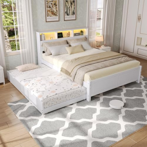 Trdlpyn Letto Matrimoniale con letto Estraibile 120x200 e 90 * 190 cm, Letto Piano con Striscia Luminosa, Presa di Ricarica Integrata, Contenitore nella Testiera, struttura in pino e MDF, Bianco