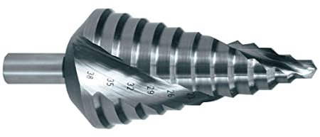 Broca escalonada HSS, acero de alta velocidad, medidas variadas, ideal para perforaciones precisas en metal y madera.