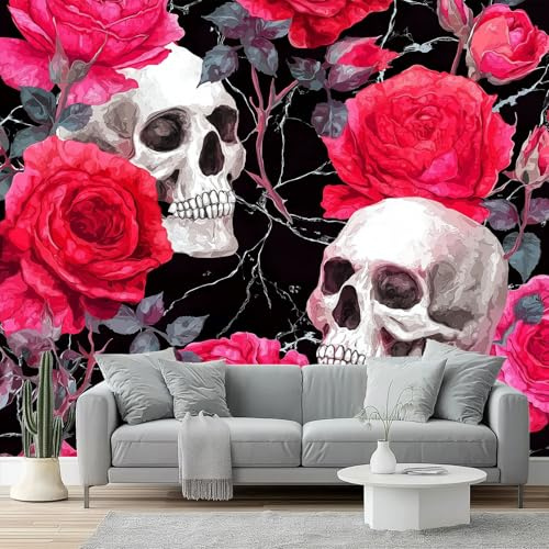 Art Papier Peint Panoramique 200 X 140 Cm Gothique Sombre Toison Mur Xxl Moderne Décoration Murale Salon Poudre Noire Crâne Rose Marbrechambre Á Coucherr Bureau Salle