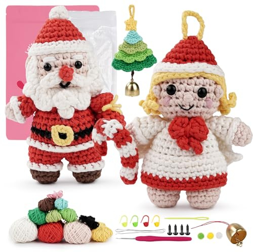 LetCartMaker Kit all'uncinetto natalizio per principianti, set fai da te con Babbo Natale, angelo, albero di Natale con tutorial video passo-passo, forniture all'uncinetto tutto incluso in kit