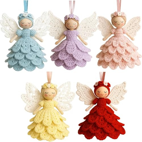Häkel Engels Ornament-Set - 5er DIY Makramee Engels Kit | Anfängerfreundliches Handgemachtes Baumwollgarn Bastelset | 3D Angel Puppe Hängende Deko für Weihnachtbaum | Warme Party Deko (Zufällig Farbe)