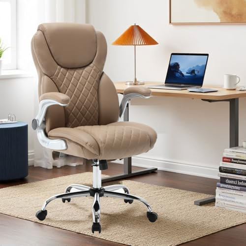 Bosmiller Ergonomischer Bürostuhl mit Einer Tragkraft von 180 kg, hoher Rückenlehne aus PU-Leder, Verstellbarer Lendenwirbelstütze, drehbarer Chefsessel, braun