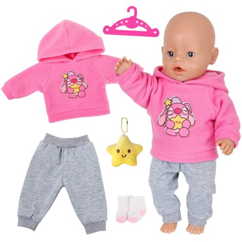5 Stück Puppenkleidung für 14-18 Zoll Baby Puppen, 36-43cm Baby Kleidung Outfit mit Rosa Welpen-Hoodie Hose Socken Kleiderbügel Pentagramm-Puppe, 43cm Puppenkleidung Zubehör Geschenk für Kinder