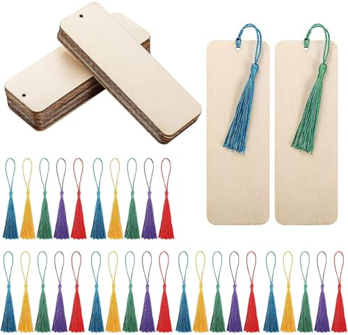 Blanko-Lesezeichen, 30 Stück Holz-Lesezeichen, 14, 9 x 5, 1 cm großes -Bastelset, DIY- mit Quaste für Erwachsene und Kinder