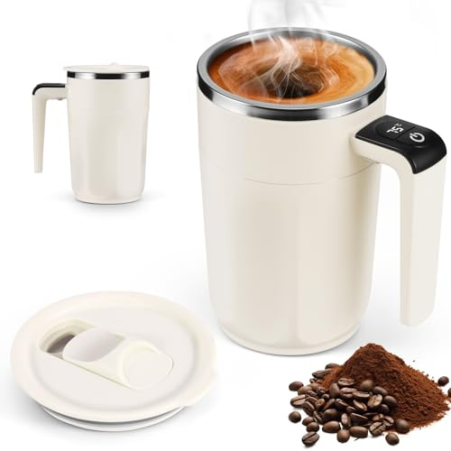 COZHYESS Selbstrührende Tasse Usb 400ml Selbstrührender Kaffeebecher mit Temperaturanzeige Automatischer Rührer Intelligente Temperaturmessung für Kaffee, Milch, Heiße Schokolade (Weiß)