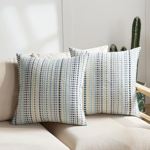 Boho Kissenbezug 40x40 cm 2er Set Baumwolle Leinen Kissenhülle Beige Blau Streifen Sofakissen Punkt Gestreift Strukturiert Netural Dekokissen Kissenbezüge für Wohnzimmer Schlafzimmer Outdoor Kissen