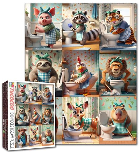 Funny Animal Puzzle for Adults 1000 Pieces Cute Cartoon Animals Cleaning Bathroom Jigsaw Puzzle Humorous Whimsical Collage Art Puzzles for Home Wall Decor DIY Craft Gifts - 19.7 x 27.6 Inches