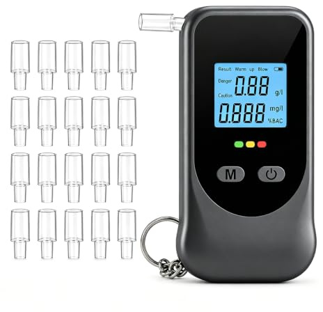 Alkoholtester, Breathalyzer mit 20 Mundstücken, Speicher und Schlüsselring | Luftstromerkennung, Halbleitersensor und englische Sprachansagen; 3 AAA-Alkalibatterien sind nicht enthalten.