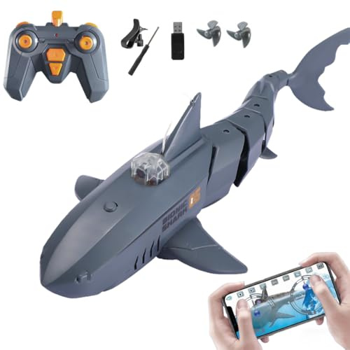 Meiurlex 2,4GHz Ferngesteuerter RC-Hai mit APP-Kamera – Wasserdichtes Hai-Boot mit Doppelmotor, 360° Drehung und Wiederaufladbarem Akku, Sommer-Wasserspielzeug für Pool und See (Grau)