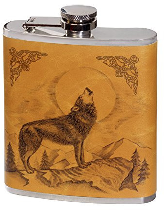 Flachmann Edelstahl Kunstlederbeug mit Wolf Motiv
