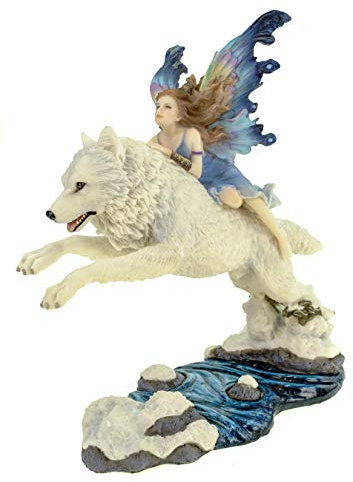 Schmetterlings Elfe reitet auf Wolf - Free Spirit - Deko Figur Fantasy Veronese Statue