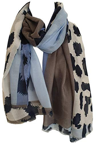 GlamLondon Damen Schal mit Leopardenmuster, mehrfarbige Bordüre, BM63-Blau, 42