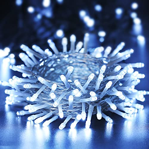 100 LED Lichterkette Batterie Kaltweiß, BrizLabs Innen Weihnachtsbeleuchtung Außenlichterkette 8 Modi Wasserdicht mit Timer für Weihnachtsbaum Zimmer Hochzeit Garten Deko, Durchsichtigen Kabeln