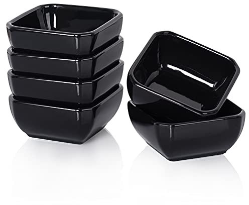Delling Square Porcelain Ramekins - Oven Safe, Set of 6 Black, Perfect for Creme Brulee & Souffle