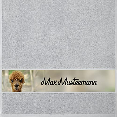 Manutextur Handtuch mit Namen - personalisiert - Motiv Alpaka - viele Farben & Motive - Dusch-Handtuch - hellgrau - Größe 50x100 cm - persönliches Geschenk mit Wunsch-Motiv und Wunsch-Name