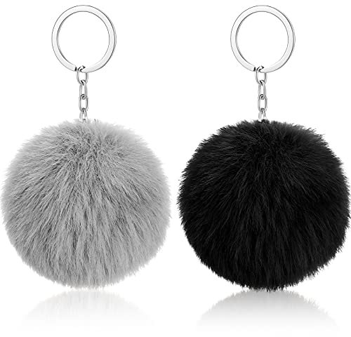 Hicarer 2 Pièces Porte-Clés de Pompons Faux Pompons Moelleux Ornement de Porte-Clés Doux en Peluche Accessoire de Pendentif pour Femmes (Gris, Noir)