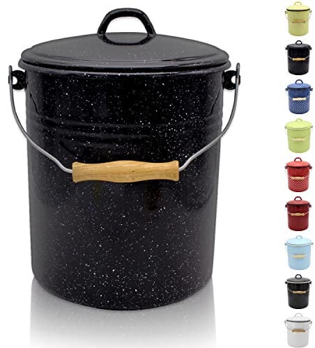 KRÜGER Mülleimer mit Deckel - Stahl Abfalleimer mit Emaille-Beschichtung und Holzgriff - schnitt- und kratzfeste Oberfläche - langlebig und vielseitig einsetzbar (10 Liter, schwarz-weiß gesprenkelt)