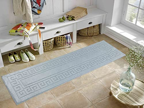 IVY Washable Door Mat Kitchen Mats Non Slip Greek Key Design Kitchen & Hall Runners Doormats, Dark Grey, 60x220 cm