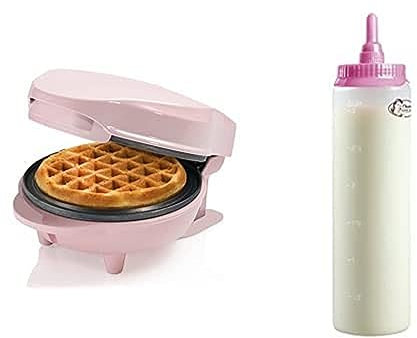 Bestron Mini-Waffeleisen, inkl. Teigportionierer für 700ml mit Skala, Ideal zum Befüllen des Waffeleisens, Farbe Gerät: Rosa, Teigflasche: Weiß