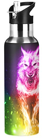 Fire Wolf Rainbow Flame Black Water Bottle Drink Flask with Straw Lid Insulated Stainless Steel Thermos Bottle for Boys Girls Gym Sports Leakproof 600 ml