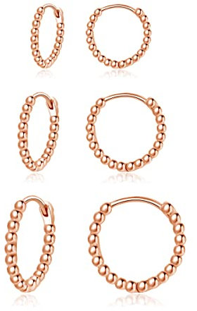 Hasnsofie Creolen Silber Damen Ohrringe, 3 Paare 925 Sterling Silber Creolen Ohrringe Set, Hypoallergen Klein Schlafen Creolen Ohrringe, Unisex Rose Gold Perlen Kreolen Ohrringe Set in 10, 12, 14mm